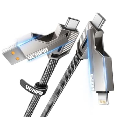[Upgraded] 4-in-1 USB C Cable 60W 5FT Lightning Cable Fast Charging Flat Nylon Braided for iPhone iPad Charger Cord [480Mbps Data Sync] Multi Charge Wire Combo with Lightning/Type C/USB A Port - Image 7