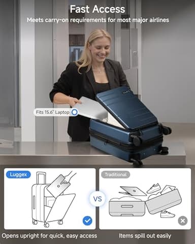 LUGGEX Carry On Luggage 22x14x9 Airline Approved, FLO5 Expandable Polycarbonate Suitcase with Front Pocket (FX-Core, Black, 20 Inch) - Image 2
