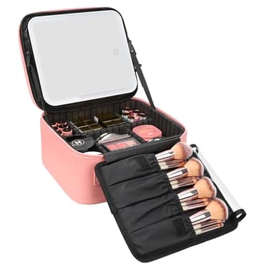 Relavel Travel Makeup Bag With LED Mirror Portable Travel Makeup Organizer 3 Color Adjustable Brightness Waterproof Cosmetic Train Case with Removable Dividers Makeup Storage for Women, Pink - Image 1