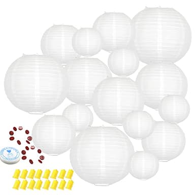 Hanging Paper Lanterns Decorative, White Chinese Paper Lanterns Ceiling Party Decorations with 16 LED Lights for Baby Shower Wedding Anniversarie Graduation Engagement Valentine's Day, Pack of 16 - Image 1