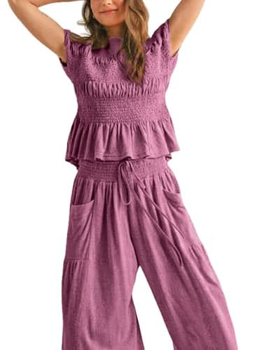 Antnation Womens 2 Piece Smocked Top Wide-Leg Pants Set High-Waisted Lounge Outfit with Pockets Casual Boho Matching Set(Purple-S) - Image 2