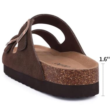 ORADO Platform Suede Sandals for Women Soft Cork Footbed Summer Slides with Adjustable Buckle, Brown 39 (size 8-8.5) - Image 4