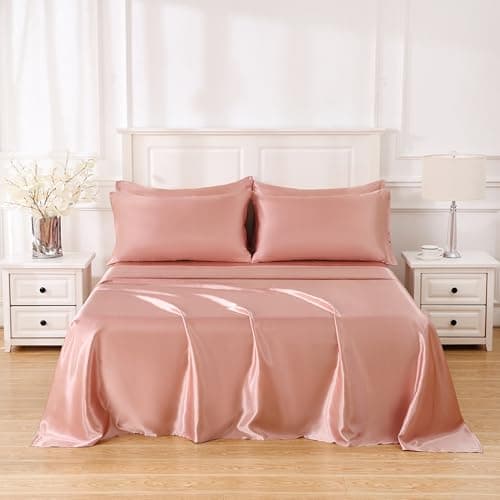 Sleeplite 4 Piece Luxury Satin Bed Sheets Set with Pillowcases - Ultra Soft & Silky, Hypoallergenic & Wrinkle-Free, Hotel Quality Comfort Bedding, Size Queen, Dusty Rose - Image 1