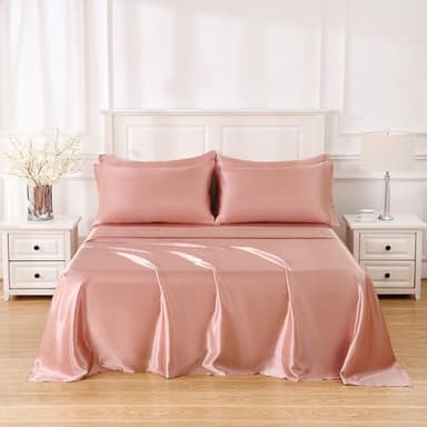 Sleeplite 4 Piece Luxury Satin Bed Sheets Set with Pillowcases - Ultra Soft & Silky, Hypoallergenic & Wrinkle-Free, Hotel Quality Comfort Bedding, Size Queen, Dusty Rose - Image 1