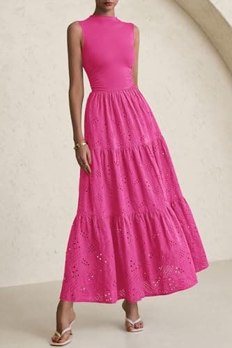 PRETTYGARDEN Summer Dresses for Women 2025 Casual Eyelet Sleeveless Wedding Guest Maxi Dress Tank Top Sundress with Pockets (Rose Red,Small) - Image 3