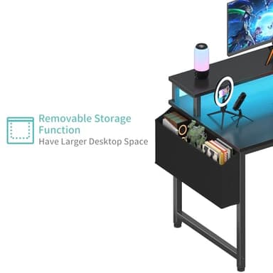 Lufeiya Black Gaming Desk with LED Lights and Power Outlets, 40 Inch Teen Writing Study Table Home Office Desks with Monitor Stand, Computer Desk with Charging Station USB Port, Black - Image 7
