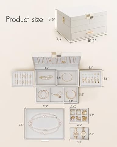 Vlando 3 Layer Jewelry Box - Women Jewelry Box with Retractable Tray - Jewelry Organizers with Drawer for Necklaces, Rings, Bracelets, Earrings, Gift for Couples Mom Girls - Could White - Image 5