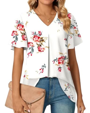 Anyally Women's Summer Dressy Chiffon Blouses V Neck Ruffle Short Sleeve Tunic Tops for Leggings Casual T-Shirts, XL Floral White - Image 1