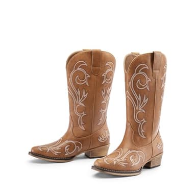 DREAM PAIRS Women's Cowboy Boots Mid Calf Cowgirl Boots Square Toe Chunky Heel Embroidery Stitched Western Boots,Size 7.5,Tan,SDMB2403W - Image 3
