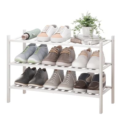 BMOSU 3-Tier Bamboo Shoe Rack Premium Stackable Shoe Shelf Storage Organizer for Hallway Closet Living Room Entryway Organizer(White Bamboo) - Image 1