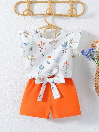 Vitalique Toddler Kids Girls Summer Outfits Ruffle Short Sleeve Floral T-Shirt Shorts with Belt 3 4T Girl Clothing Set Orange (3-4T) - Image 4