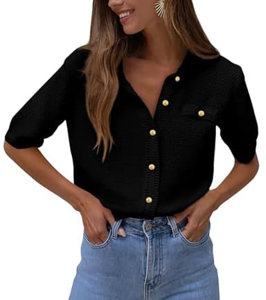 PRETTYGARDEN Women's Summer Button Down Shirts Casual Short Sleeve Crew Neck Ribbed Knit Blouse Top Cardigans (Black,Medium) - Image 1