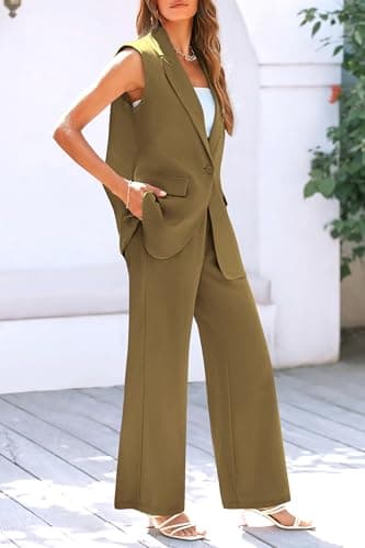 PRETTYGARDEN Women's 2 Piece Outfits Button Up Sleeveless V Neck Vest Jacket and Long Pants Suit Sets (Army Green,Large) - Image 7