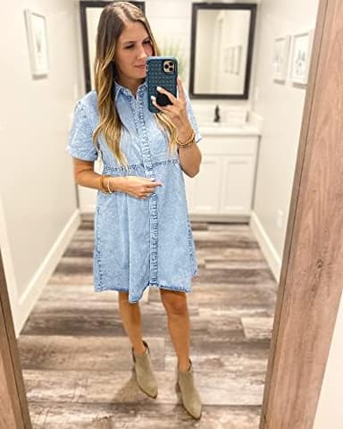 LookbookStore Women's Short Sleeve Button Down Flowy Tiered Babydoll Denim Dress - Image 6