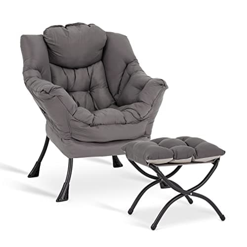LITA Lazy Chair with Ottoman, Modern Accent Leisure Upholstered Lazy Sofa Armchair, Contemporary Lounge Reading Chair with Armrests and a Side Pocket for Living Room, Bedroom & Small Space, Dark Grey - Image 1