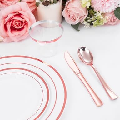 WELLIFE 600 PCS Rose Gold Disposable Dinnerware Set for 100 Guests, Valentine's Day Plate, 100 Each-Dinner & Salad Plates, Cups, Forks Knives Spoons for Wedding Reception and Mothers Day Plates - Image 5