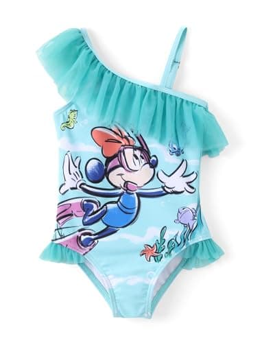 Disney Mickey and Friends Girls Swimsuits Minnie Mouse UPF 50 One Piece Bathing Suits Ruffle Sport Summer Beach Swimwear Green Quick Dry Size 12-13Y - Image 1