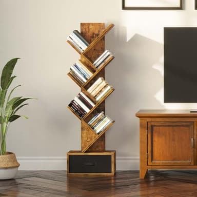 Rolanstar Bookshelf with Drawer, 7 Shelf Tree Bookshelf, Wooden Bookshelves Storage Rack for CDs/Movies/Books, Rustic Brown Bookcase, Utility Organizer Shelves for Living Room, Bedroom - Image 5