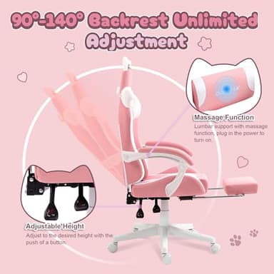 Dowinx Gaming Chair Cute with Cat Ears and Massage Lumbar Support, Ergonomic Computer Chair for Girl with Footrest and Headrest, Comfortable Reclining Game Chair 290lbs for Adult, Teen, Pink - Image 6