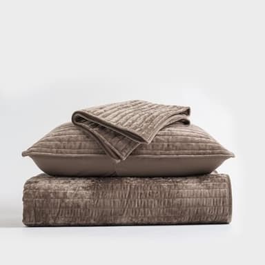 EVERGRACE Velvet Quilt Set King Size, Luxurious Soft Striped Channel Bedding Set, Lightweight Velvet Comforter for All Season, Oversized Bedspread Coverlet with 2 Matching Shams, Mocha Brown - Image 9