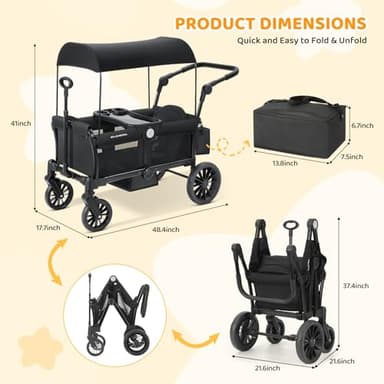 ELEMARA Foldable Stroller Wagon for 2 Kids, Premium All Terrain Wagon for Kids, Cart w/Removable Canopy, Adjustable Push/Pull Handle, Harnesses, Large Storage Bag, Black - Image 2