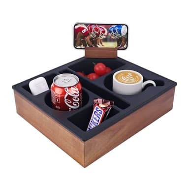 Couch Cup Holder Tray, Hitseon Silicone Acacia Wooden Couch Caddy with Cup Holder for Bed Car Beach, Drink Holder for Couch with Upgrade Removable 360° Rotating Holder Black - Image 1