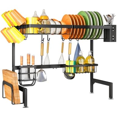 Over The Sink Dish Drying Rack - Adjustable Dish Rack for Kitchen Counter, Metal (Black) - Image 9