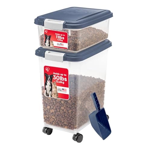 IRIS USA Dog Food Storage Container, 30 lbs & 11 lbs Combo, Cat Food Storage Container, Dog Treat Container, Airtight, Stackable, 2-Cup Scoop, Wheels, Easy Mobility, Navy - Image 1