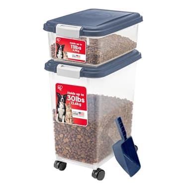 IRIS USA Dog Food Storage Container, 30 lbs & 11 lbs Combo, Cat Food Storage Container, Dog Treat Container, Airtight, Stackable, 2-Cup Scoop, Wheels, Easy Mobility, Navy - Image 1