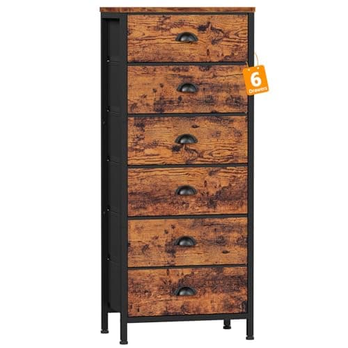 Furnulem Tall Dresser with 6 Drawers,Vertical End Table and Nightstand for Bedroom,Industrial Dorm Bedside Furniture with Fabric Storage Drawer Organizer in Living Room,Closet,Entryway(Rustic Brown) - Image 1