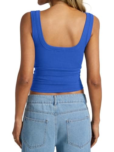 EasyGala Womens Cotton Ribbed Square Neck Tank Tops Basic Backless Camisole Sleeveless Slim Fit Wide Shoulder Strap Summer Clothes 2025 Royal Blue X-Large - Image 2