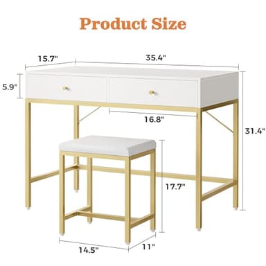 SUPERJARE 35.4" White and Gold Desk with 2 Drawers, Modern Makeup Vanity with Padded Stool, Small Computer Desk Home Office Desk for Writing Study Bedroom - Image 3