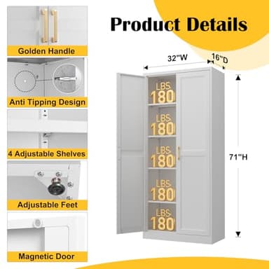 SteeLoong Kitchen Pantry Cabinet,71”White Metal Pantry Storage Cabinet with Doors and 4 Adjustable Shelves,Kitchen Cabinet with 2 Gold Handles,Tall Cabinet for Livingroom,Pantry, Bathroom,Kitchen - Image 3