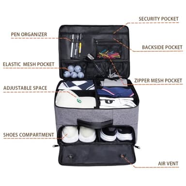 MAQTOIZ Golf Trunk Organizer 2 Layer, Car with Ventilated Compartment for Pair Shoes, Storage Locker Accessories, Balls, Tees, Clothes, Gloves, Gifts Men Grey - Image 4