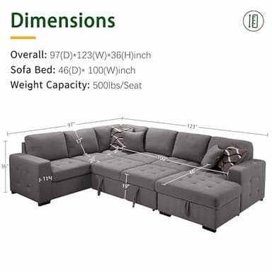 THSUPER 123'' Sectional Sleeper Sofa Couch with Pull Out Bed, 6 Seater U Shaped Oversized Comfy Linen Sleeper Sectional Sofas Couches with Storage Chaise for Living Room, Gray - Image 3