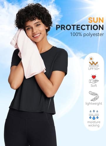 baleaf Women's Workout Tops Athletic Shirts Cropped Short Sleeve Split Back Running Gym Quick Dry Sun Protection UPF 50+ Black L - Image 4