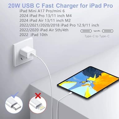 iPad Fast Charger,iPad Charger Fast Charging USB C Wall Chargers Block Plug Type C 6FT USB C to C Charging Cable Cord for iPad Pro 13/12.9/11 inch,iPad Air 6/5/4/M3/M2/A16,iPad Mini 6/7th,iPad 10/11th - Image 6