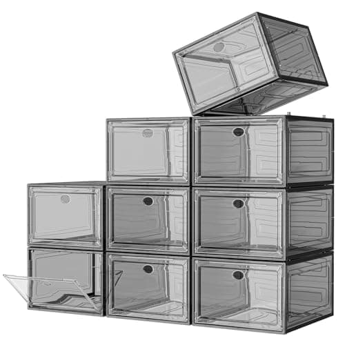 7 code Large Clear Shoe Boxes Organizer【Thicker Material】 Stronger Shoe Box with Magnetic Door, Stackable Shoe Storage Box for Closet, Foldable Space-Saving Storage Bins Shoe Cabinet, Black 9-Pack - Image 1