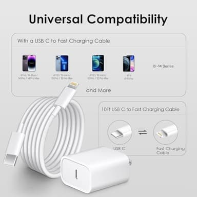 Phone 14 13 12 Fast Charger [MFi Certified] 10FT Type C Charger 2 Pack 20W USB C Charging Block with Fast Charging Cable for Phone 14/14 Pro/13/13Pro Max/12/12 Pro Max/11/XS/XR/X/8Plus - Image 7