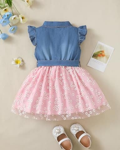 Toddler Girl Clothes 2T 3T Summer Outfit Girls Denim Tulle Dress Princess Ruffle Short Sleeve Tutu Prom Sundress Cute Toddler Pink Floral Dresses - Image 3
