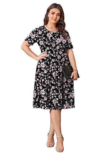 POSESHE Womens Plus Size Dress Summer Short Sleeve Casual 2024 Round Neck Dress with Pockets,Black Pink Floral,2XL - Image 3