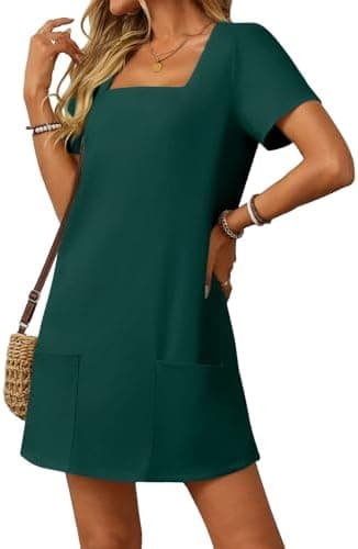 AlvaQ Womens Solid Color Casual Summer Square Neck Short Sleeve Mini Dresses with Pockets - Image 3