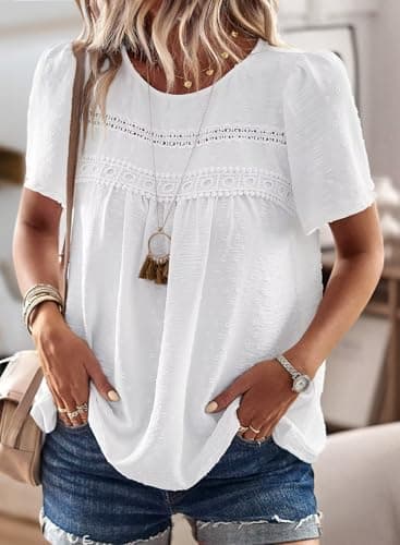 Falechay Plus Size Tops for Women Keyhole Button with Elastic Loop Dressy Casual Crewneck Flowy Blouses Summer Boho Shirts White 3XL - Image 4