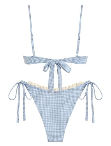 ZAFUL Women High Cut Bikini Sets Lace Thong Swimsuit Two Piece String Sexy Underwire Bathing Suit Cheeky Cut Out Cute Swimwear Gingham Blue S - Image 3