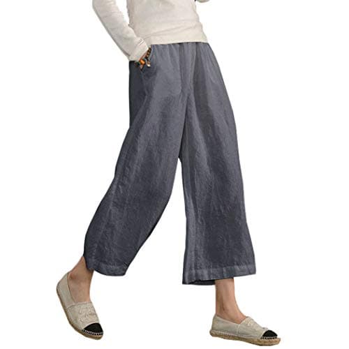 Womens Cotton Cropped Pants Loose Fit Wide Leg Capri Casual Plus Size Elastic Waist Trousers Gray M - Image 1