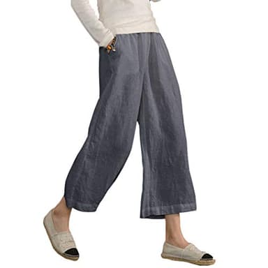 Womens Cotton Cropped Pants Loose Fit Wide Leg Capri Casual Plus Size Elastic Waist Trousers Gray M - Image 1