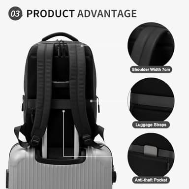 Waterproof Laptop Backpack for Men & Women, Flight Approved Anti-Theft Daypack with 15.6-inch Laptop Sleeve (Black - Image 6