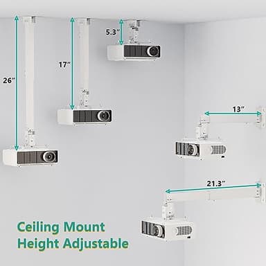 WALI Projector Mount Ceiling/Wall - Universal 3-in-1 Bracket with Extension Pole, Height Adjustable Holder for LCD/DLP Projectors, Supports up to 44lbs, White (PM-003-W) - Image 3