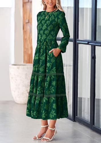 PRETTYGARDEN Long Sleeve Dress for Women 2025 Fall Elegant Modest Floral Boho Smocked Flowy Wedding Guest Midi Dresses (Dark Green,X-Large) - Image 4