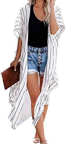 Swim Cover Up for Women Stripe Pattern Bikini Kimono Bathing Cardigan Beach Wrap Dress(07-Black and White Stripe,XL) - Image 1